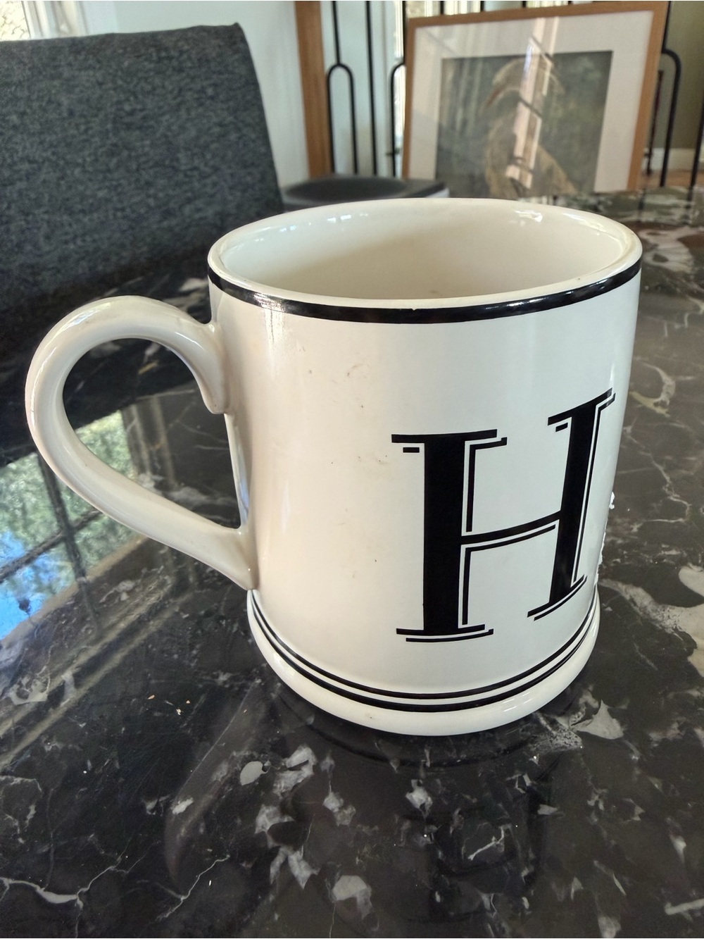 Sur La Table White Ceramic Mug with Black Monogram H